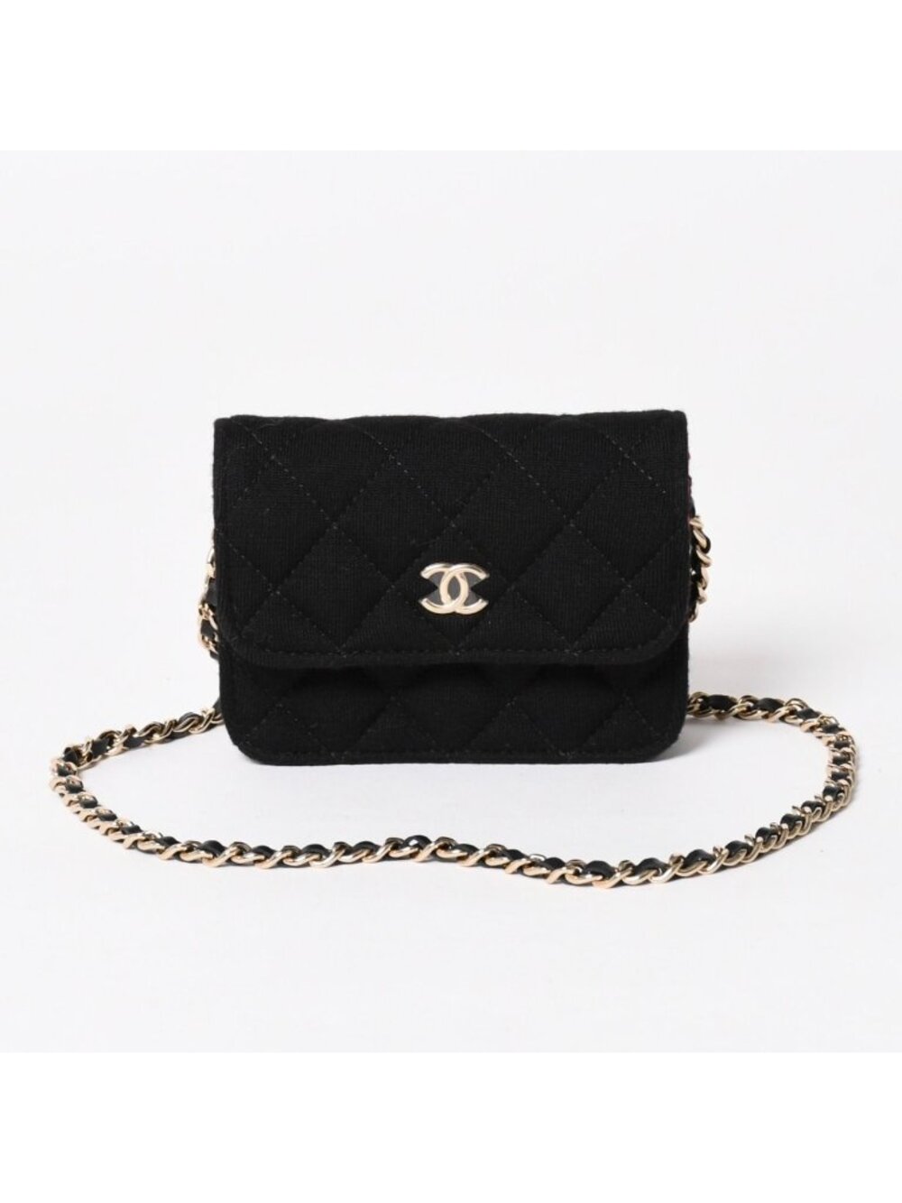 Chanel Mini Quilted Chain Shoulder Bag CC Logo Stand Black Gold Cotton